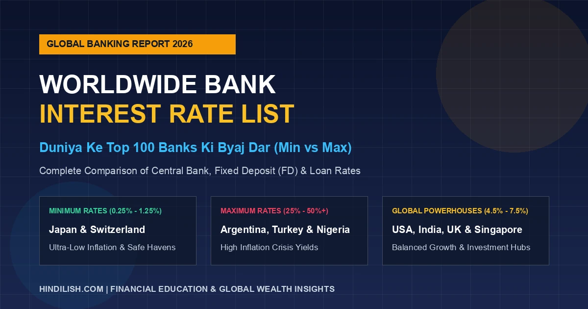 Worldwide Bank Interest Rate List 2026: दुनिया के 100 सबसे बड़े बैंकों की ब्याज दरें (Minimum to Maximum Rates)