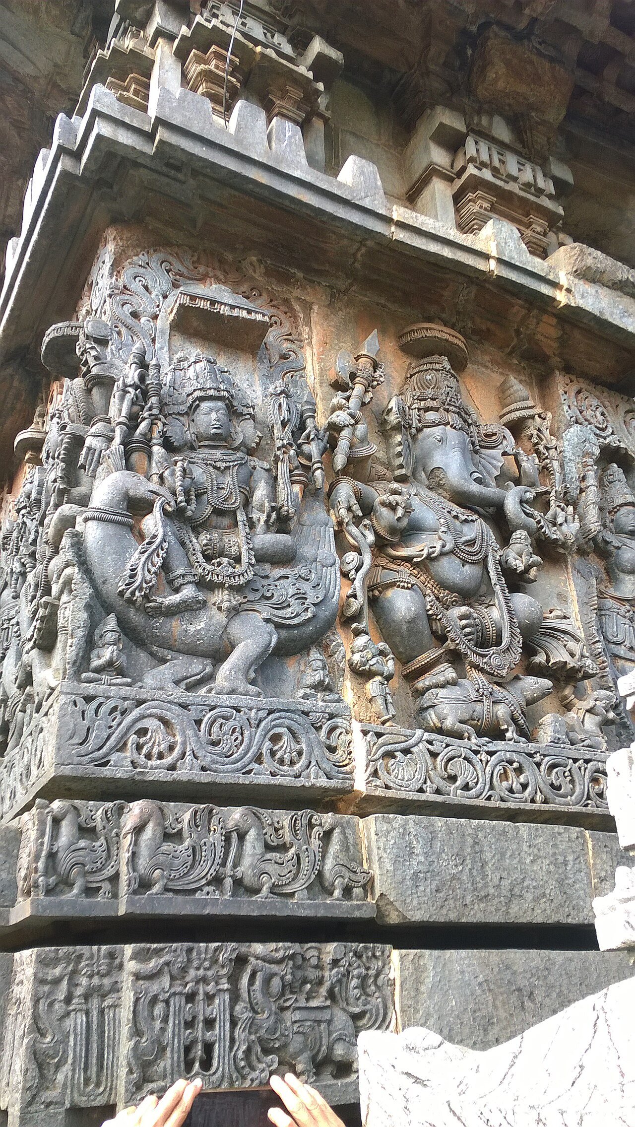 12th Century Hoysaleswara Temple Sculpture Ganesha and Kartikeya with Peacock and Mouse