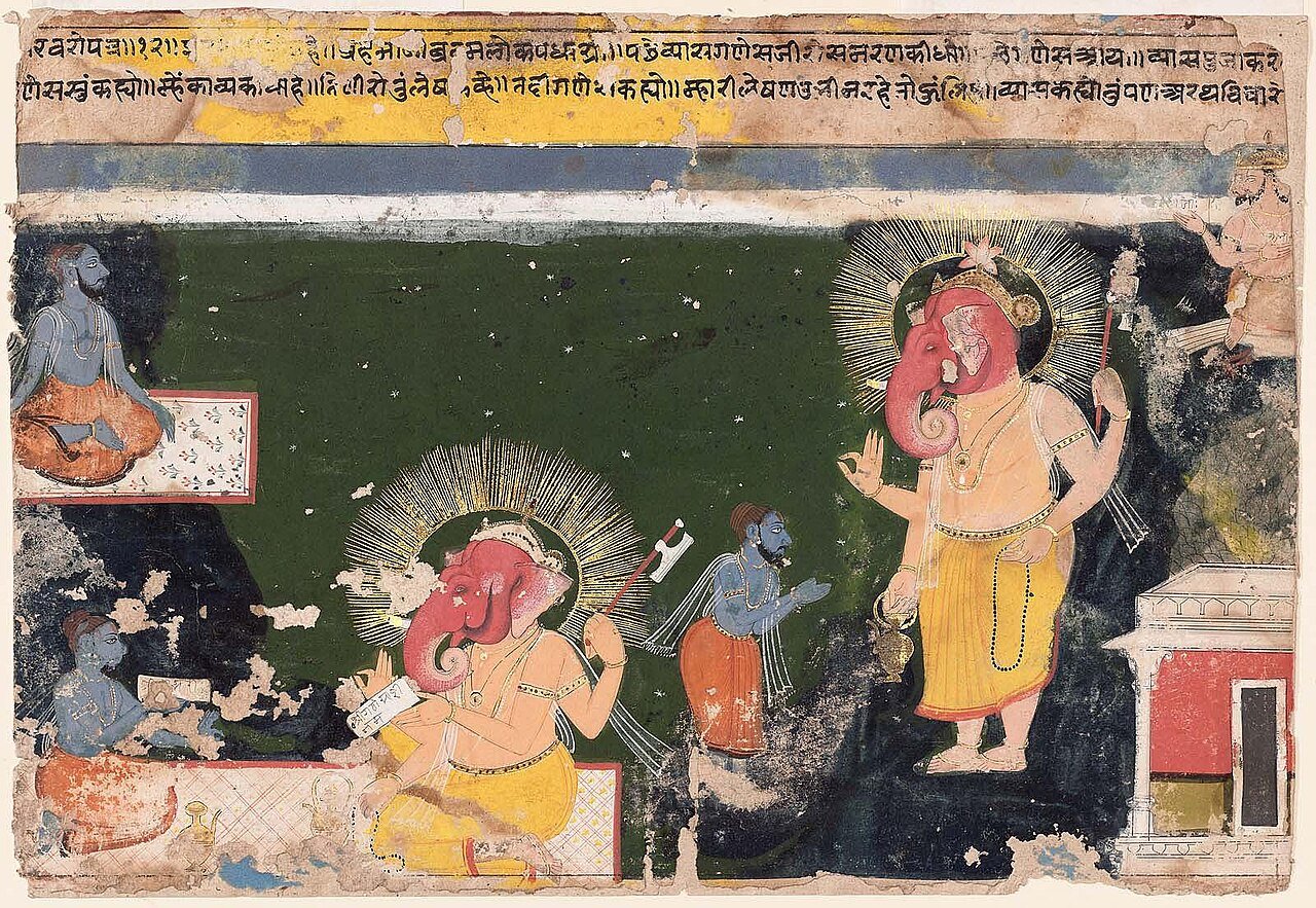 18th Century Manuscript Painting Maharishi Ved Vyasa and Lord Ganesha Writing Mahabharata